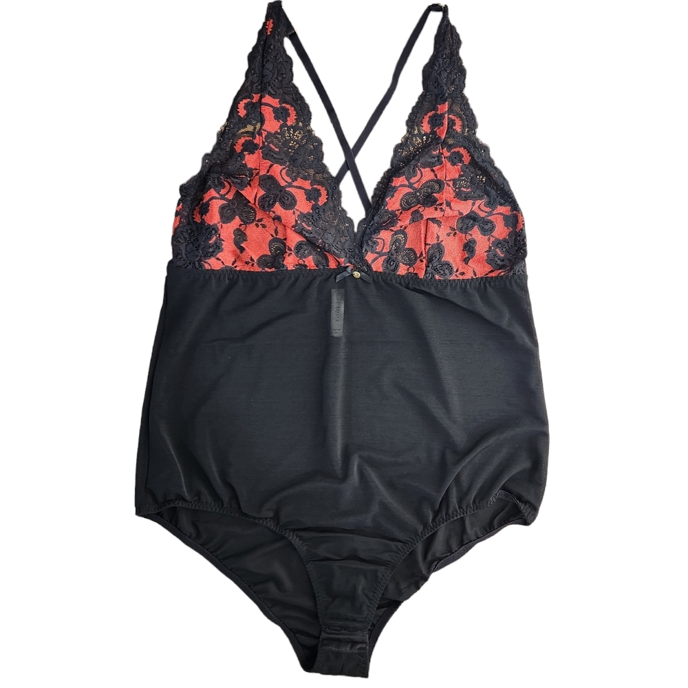 Cacique Lane Bryant Black Red Lace Body Suit Lingerie Racerback Semi Sheer 18/20